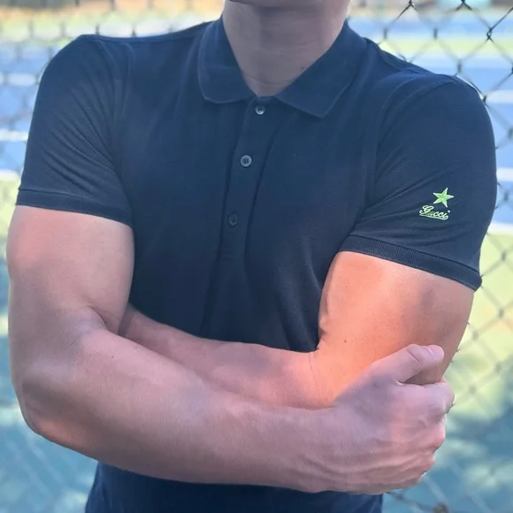 GUCCI SHOOTING LUCKY STAR NEON VOLT GREEN NAVY BLUE UNIFORM POLO SHIRT TENNIS S - Picture 16 of 16